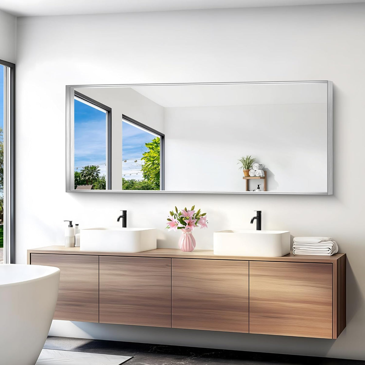 Silver Bathroom Mirror, 72x30 Inch Rectangular Deep Frame Mirror, Large Wall Mounted Bathroom Vanity Mirror Over Sink for Bedroom,Restroom, Living Room, Hangs Vertically or Horizontally