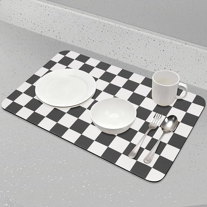 CooRug Checkered Dish Drying Mat for Kitchen Counter, Absorbent Non-Slip Coffee Mat, Heat Resistant Mat for Countertops Coffee Bar Decor 17" x 32" Black