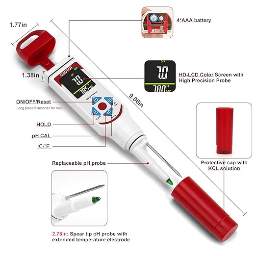 Digital pH Meter Food Pocket pH Pen for Fermentation with pH Calibration Kits Color Display Spear Tip pH Food Tester Probe with ATC for Cosmetics Sourdough Professional pH Test Strips for Food Acidity