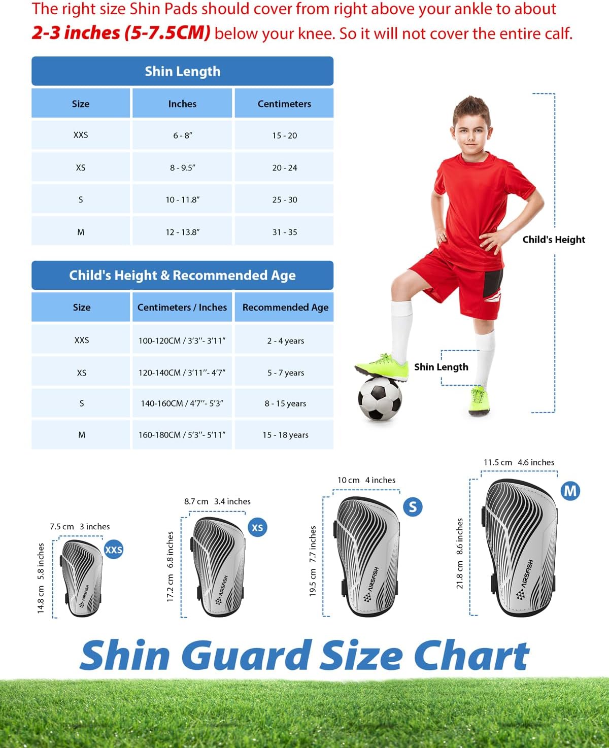 Shin Guards Soccer Kids Youth, CE Certified Airsfish Shin Guard Protection Gear for 2-18 Years Old Boys Girls Teenagers High Impact Resistant Breathable Comfortable 1 Pair 4 Sizes