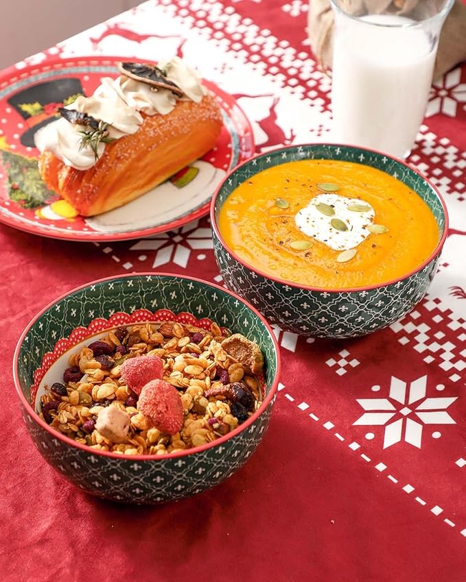 HASENSE Cereal Bowls Set of 6, 20 oz Christmas Ceramic Soup Bowls, Small Serving Dishes Set for Kitchen, Ideal for Salad, Pasta, Oatmeal, Ramen, Fruit, Dishwasher & Microwave Safe