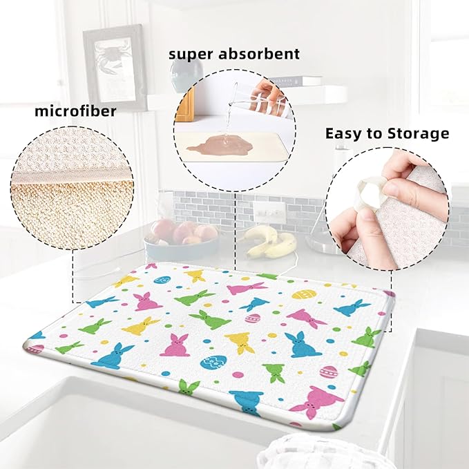 Easter Dish Drying Mat for Kitchen Counter 16''x18'' Microfiber Absorbent, Small & Compact Red Kitchen Draining Mat for Countertops Dish Drainer Mat Drying Pad Foldable Utensils, and Cookware