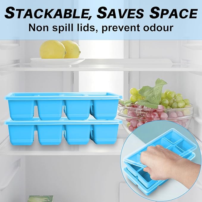 Large Ice Cube Trays with Lid, Jrisbo 2 Pack Stackable Silicone Ice Cube Molds for Freezer, Easy Release 16 Big Square Ice Trays for Whisky Cocktails (Pure Blue)