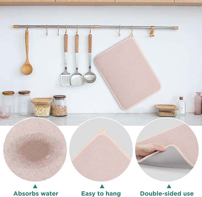 GeeRic Microfiber Dish Drying Mat, Super Absorbent Kitchen Dish Drying Pad for Mother's Day, Reversible Gift Mats for Countertop, 12 * 16 inch Beige