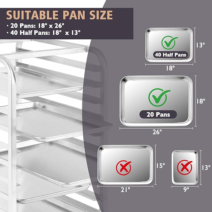 Bun Pan Rack, 20 Tier Bakery Rack with Wheels, Aluminum Sheet Pan Rack & Speed Rack for Full/Half Sheets, 26x20x70, for Home and Kitchen, Restaurant