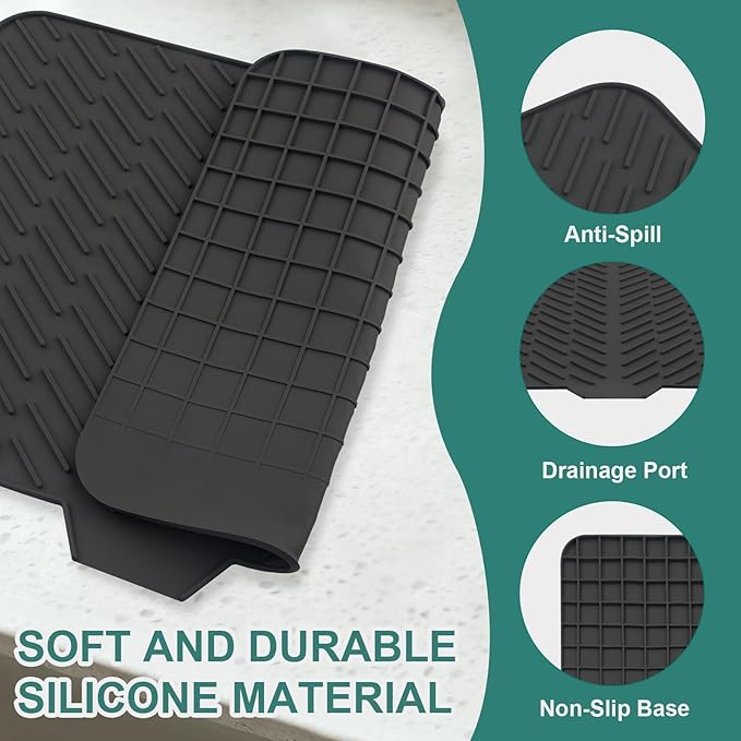 Silicone Dish Drying Mat 23x17,Food-Grade Silicone,Easy Clean Pad for Countertop Protection,Heat Resistant,Easy Clean,Non-Slip Drain Pad with Built-in Drain,Multi-Functional Use,Black