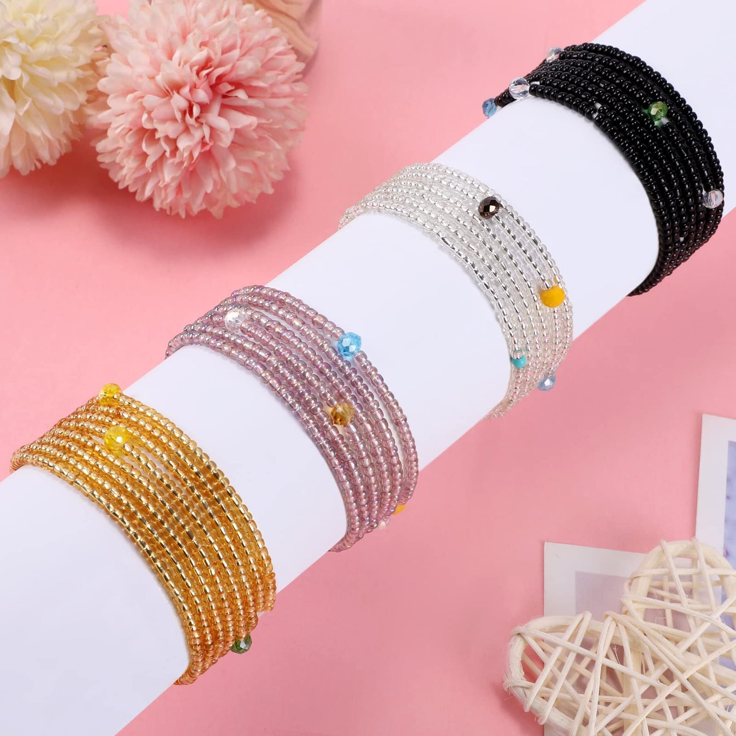 Teniinet 4PCS 50” Handmade African Waist Beads for Women Non-Stretching(Tie-on)