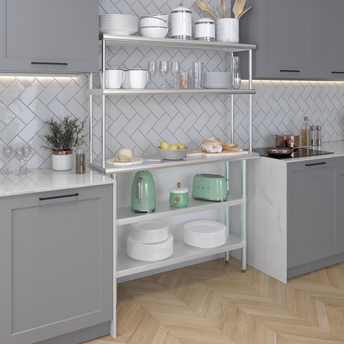 Amgood Stainless Steel Work Table with 2 Shelves | Metal Kitchen Prep Table & Shelving Combo (14" x 48" Table with 2 Shelves + 12" Overshelf)