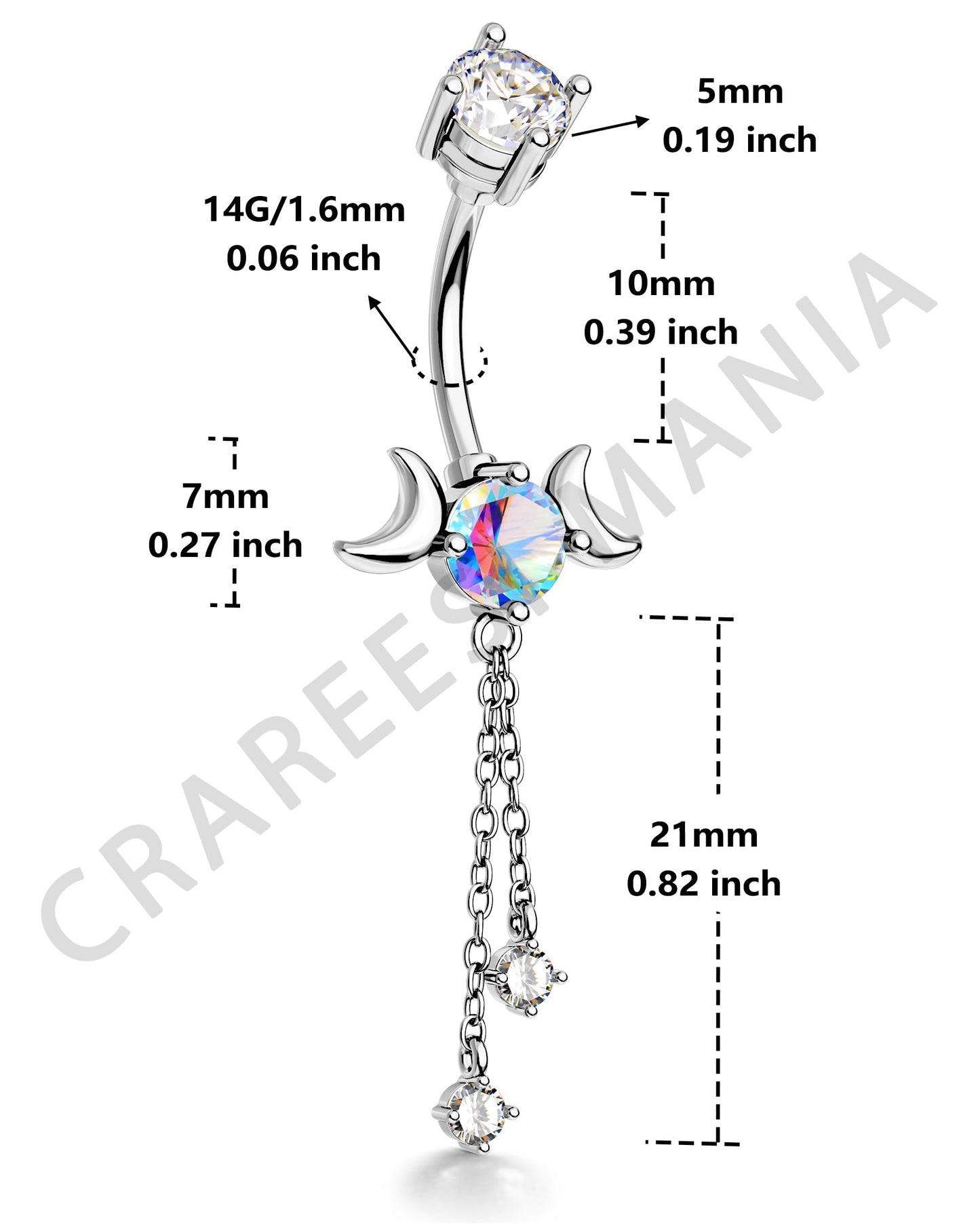 CM Crareesi Mania Dangle Belly Button Rings 14G Dangle Chain Belly Rings Moon Phase 316L Surgical Steel Belly Piercing Jewelry 10mm