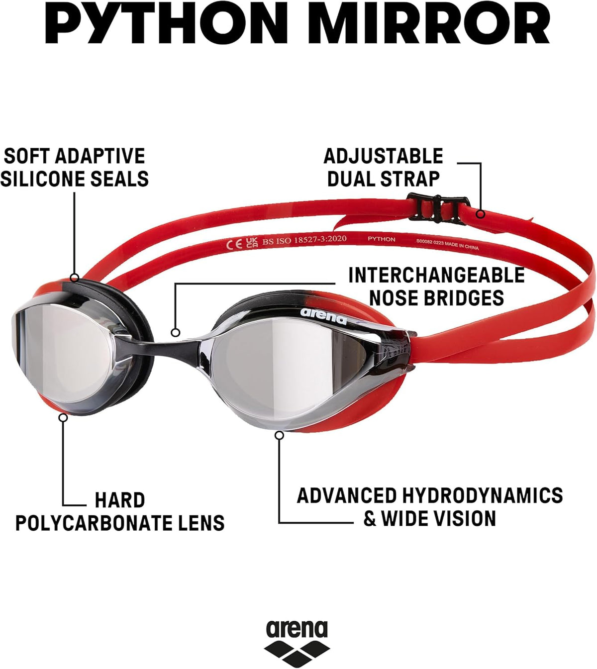 ARENA Unisex Python Racing Swim Goggles for Men and Women Anti-Fog No Leak Max Comfort Dual Strap, Mirror/Non-Mirror Lens