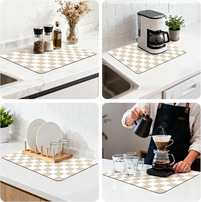 12" x 20" Checkered Dish Drying Mat for Kitchen Counter, Absorbent Coffee Bar Mat for Espresso Machine Coffee Countertops Accessories, Beige
