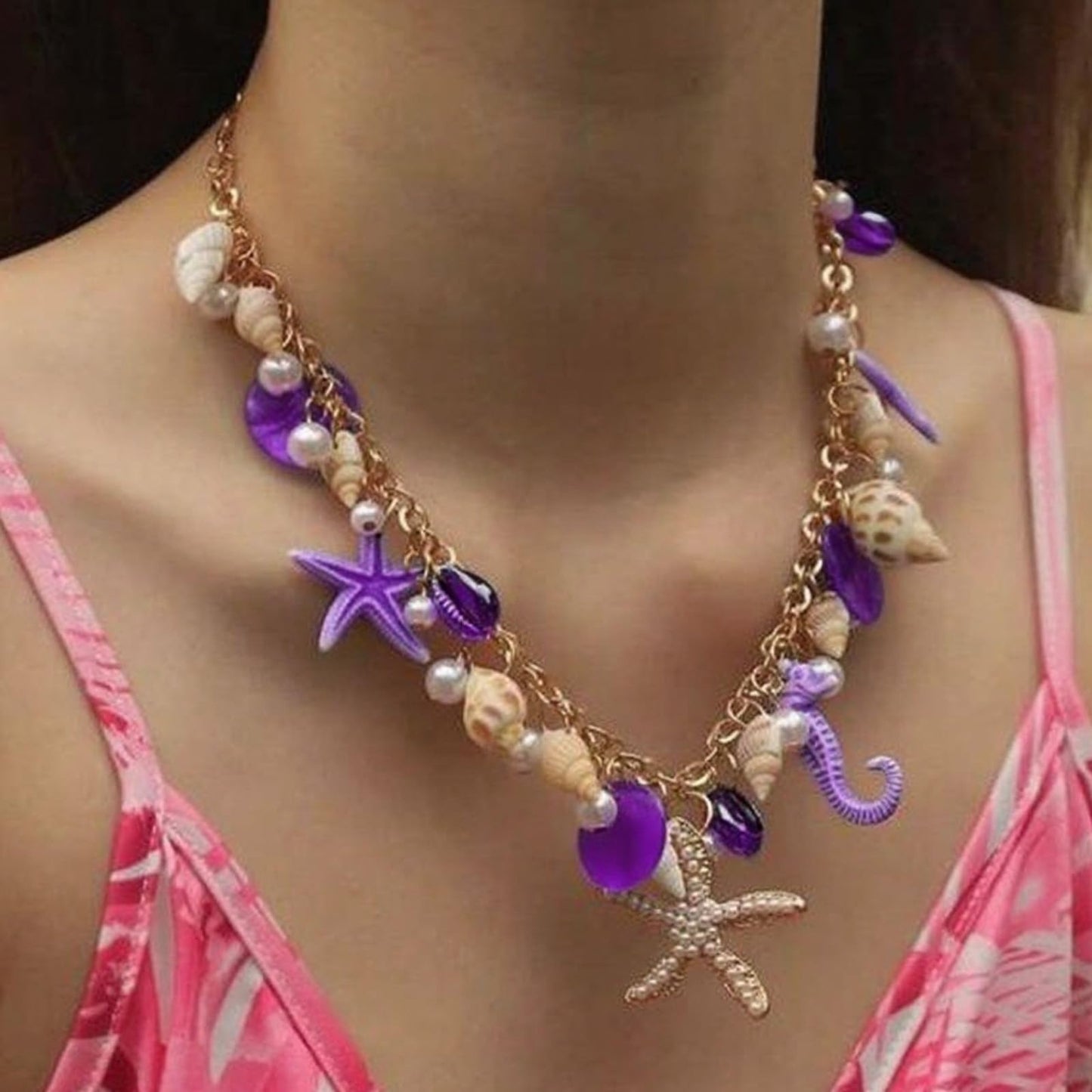 KummerSaprk Seashell Necklace Charm Necklace for Women Summer Vacation Jewelry for Women Starfish Sea Shell Pendant Jewelry Boho Beachy Stuff Accessories Gifts
