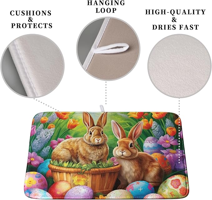 Easter Bunny Eggs Dish Drying Mat for Kitchen Counter, Tulip Floral Flower Drying Mat Spring Summer Holiday Dish Mat Drying Kitchen Mat Absorbent Kitchen Drying Mat for Sink 16x18Inch