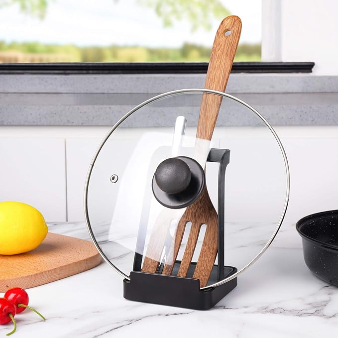 NiHome Versatile Pot Lid Ladle Holder Multipurpose Spatula Pad Book Cutting Board Spoon Rest Kitchen Utensils Drip Tray Washable Durable Stable Tack-Free Installation (Black)