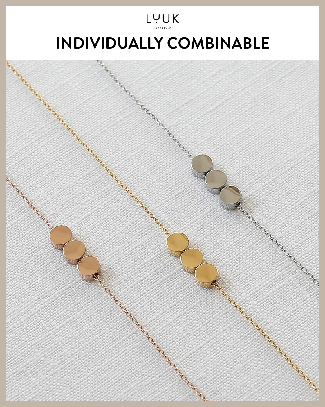 LUUK LIFESTYLE Stainless steel necklace for women with three circle pendant and HAPPINESS gift card for loved ones, round and circular design, chic and classy jewelry, trendy magnetic look, silver