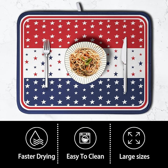 4th of July Dish Drying Mat for Kitchen Counter Patriotic Red White Blue Stars Drying Pad Microfiber Absorbent Dish Draining Mat Microfiber Independence Day Dish Drainer Rack Mats 16x18 Inch