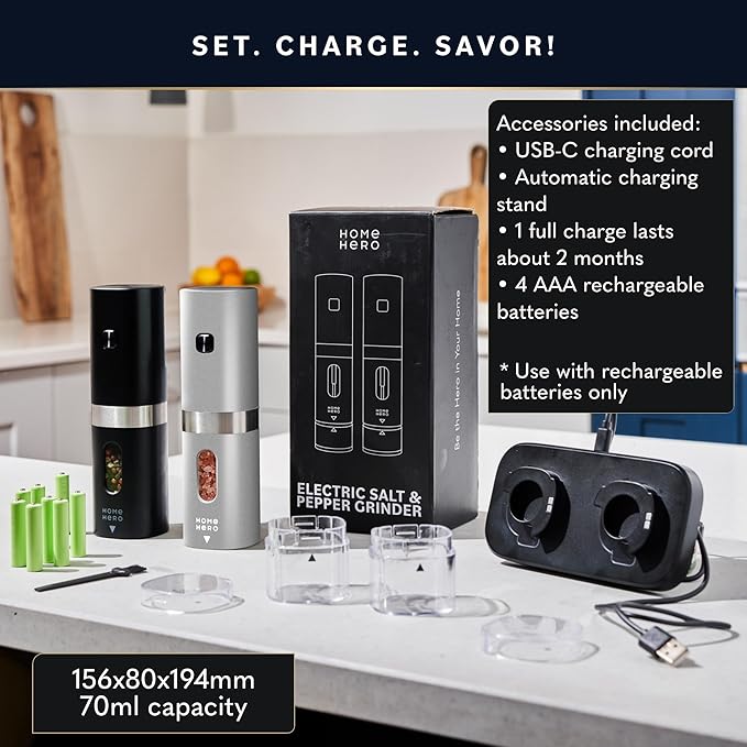 Home Hero Electric Salt and Pepper Grinder Set - Automatic Salt and Pepper Grinder Set Rechargeable. Electronic Salt and Pepper Shakers with LED Light, Electric Pepper & Salt Grinder, Set of 2