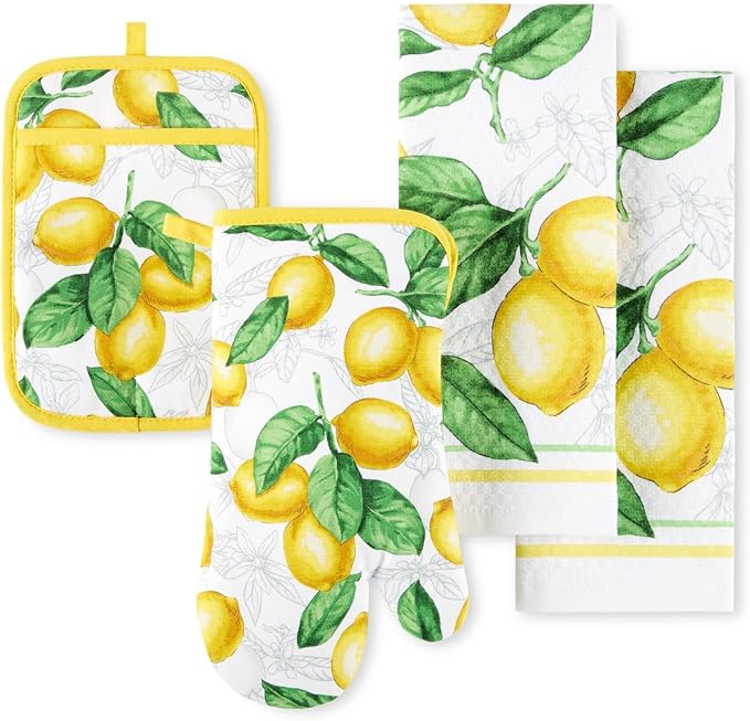 Martha Stewart Lots of Lemons Modern Kitchen Towel, Oven Mitt & Potholder Set, 4-Pack, White-Yellow