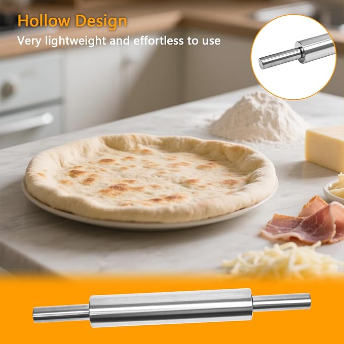 17-Inch Stainless Steel Rolling Pin for Baking - Heavy Duty Metal Dough Roller with Non-Slip Handles for Pizza, Chapati, Cookies & Pastry - Dishwasher Safe