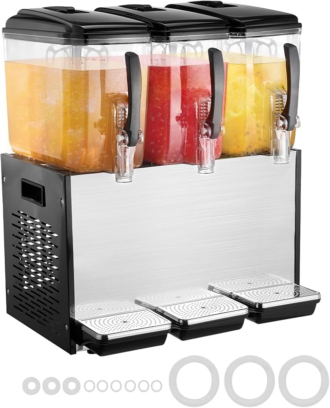 VEVOR Commercial Beverage Dispenser, 3 Tanks 12 L / 12.7 QT Per Tank Juice Dispenser, 370W Stainless Steel Ice Tea Drink Machine with 45°F-54°F Cooling Temperature, for Cold Drink Restaurant Bar Party