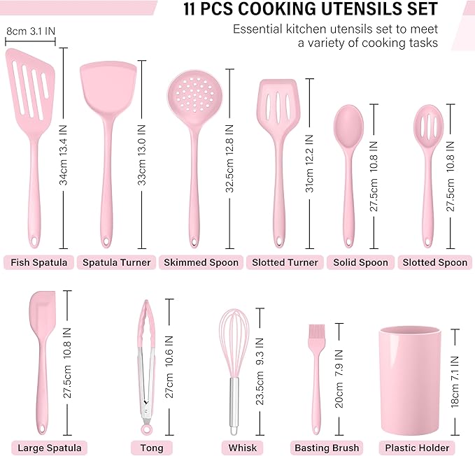 HaWare 11 PCS Silicone Cooking Utensils Set, Heat Resistant Kitchen Utensils with Holder, Food-grade Spatula Sets for Nonstick Cookware, Kitchen Tools Gadgets Include Fish Turner, Spoon (Pink)