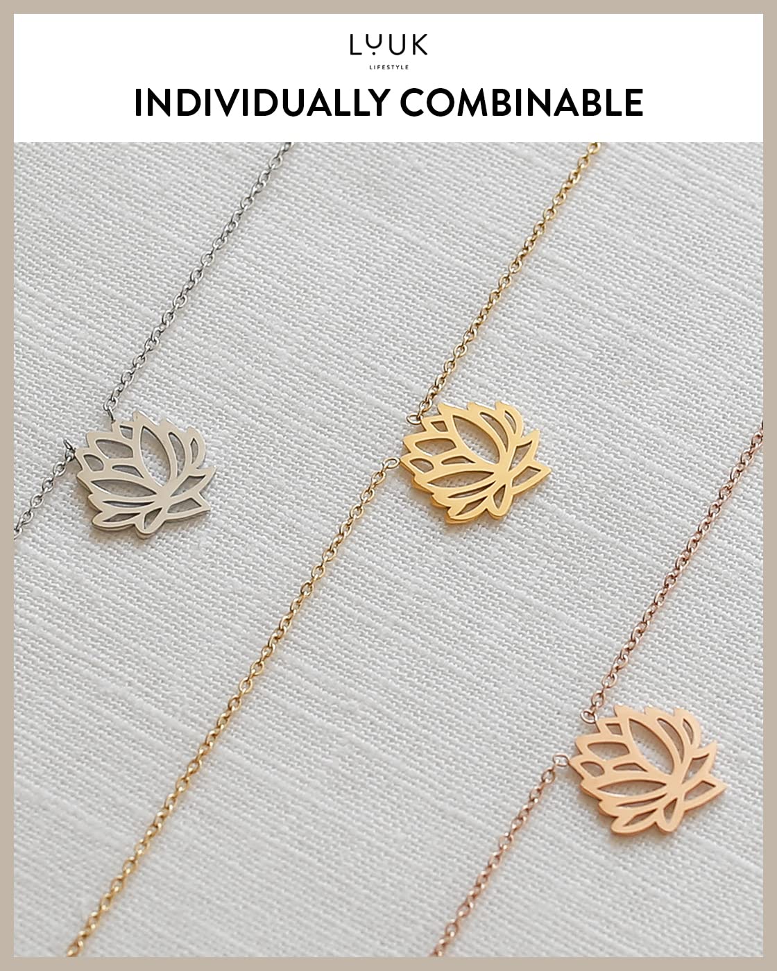 LUUK LIFESTYLE Stainless steel necklace for women with Lotus flower pendant and HAPPINESS gift card, chic and classy style, trendy layer look, Asian lucky charm, minimalist fashion accessory, gold