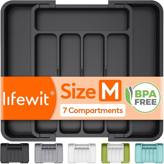 Lifewit Silverware Drawer Organizer, Expandable Utensil Tray for Kitchen, BPA Free Flatware and Cutlery Holder, Adjustable Plastic Storage for Spoons Forks Knives, 8.9-14.7 x 12.2", Black