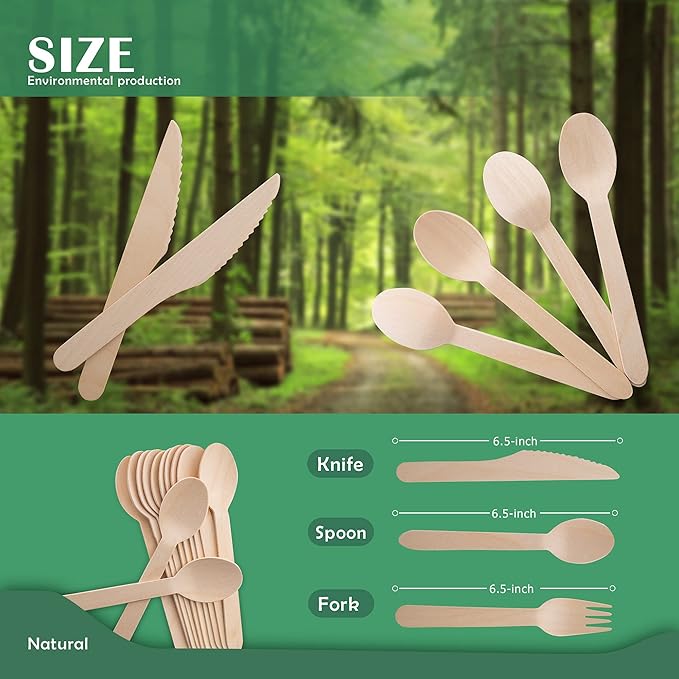 Disposable Wooden Forks -Pack of 100, 6.5" Length-Biodegradable, Natural Wooden Utensils, Great for Parties,Camping,Weddings&Dinner Events (Spoons)
