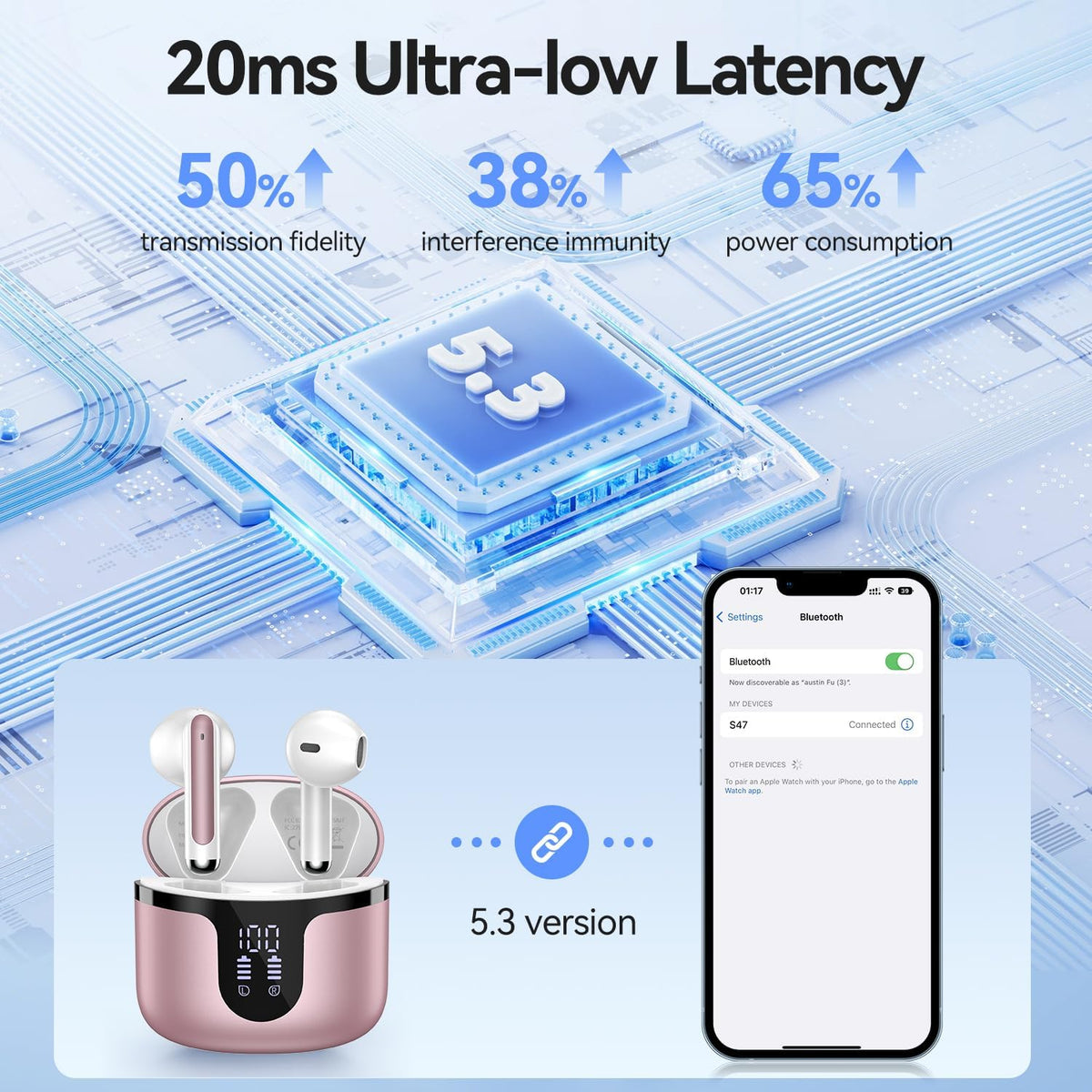 Wireless Earbuds, 2025 Bluetooth 5.3 Headphones HiFi Stereo 50H Playback Ear Buds with Led Digital Display, ENC Noise Cancelling Earbuds for Laptop Computer, iOS, Android, Rose Gold