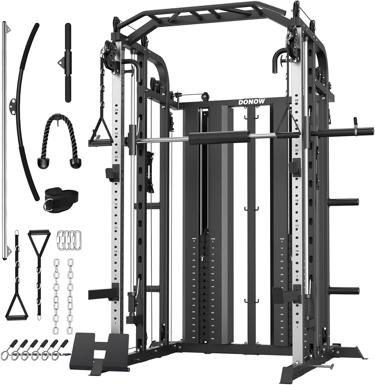DONOW Smith Machine with Weight Stacks Power Cage Squat Rack Dual Cable Crossover Machine Home Gym Systems Station LAT Pull Down