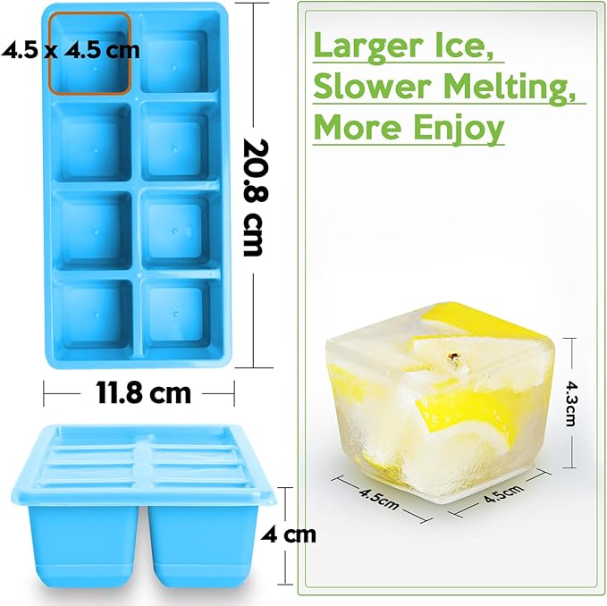 Large Ice Cube Trays with Lid, Jrisbo 2 Pack Stackable Silicone Ice Cube Molds for Freezer, Easy Release 16 Big Square Ice Trays for Whisky Cocktails (Pure Blue)
