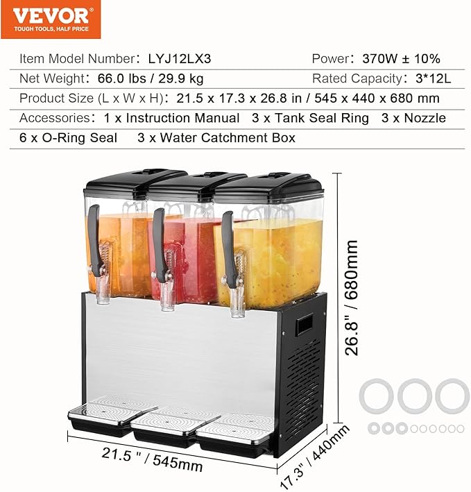 VEVOR Commercial Beverage Dispenser, 3 Tanks 12 L / 12.7 QT Per Tank Juice Dispenser, 370W Stainless Steel Ice Tea Drink Machine with 45°F-54°F Cooling Temperature, for Cold Drink Restaurant Bar Party