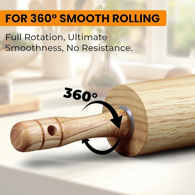 KARRYOUNG Rubber Wood Rolling Pin for Baking, Kitchen Dough Roller With Handles, Rodillo Para Masa, Rolling Pin for Dough, Pizza,Bread, Fondant & Tortilla