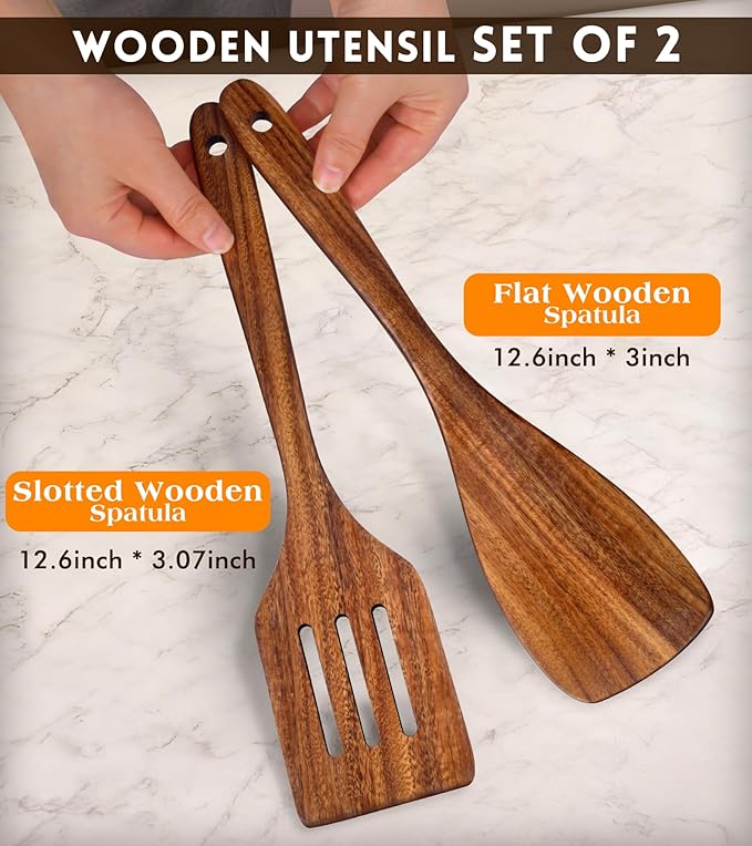 2Pcs Wooden Spatula, Acacia Wooden Spatula for Kitchen Use, Nonstick Cookware Safe Utensils Set including Turner and Slotted Turner, Ideal Cooking Utensils Gift Set for Cooking, Frying, Baking