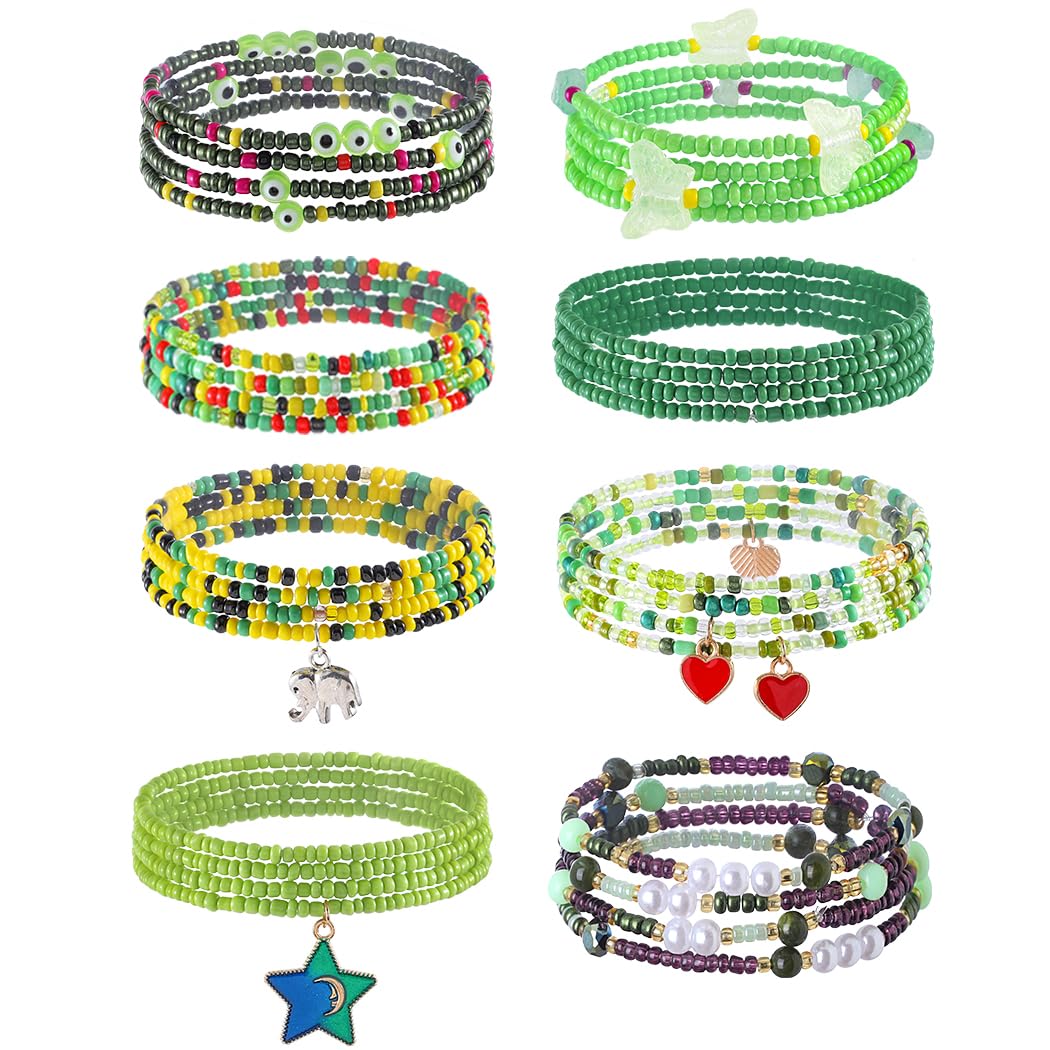 ELABEST 24-39inch African Waist Beads for Women 8Pcs Elastic Belly Beads Colorful Beaded Waist Jewelry Accessories Body Chain (Green, 31.5inch/80cm)