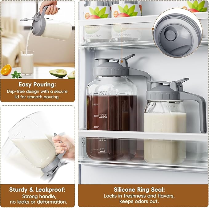 Breast Milk Pitcher - 32 oz Glass Mason Jar with Dual Leak-Proof Design, Airtight Seal, Pour Spout & Handle, Storage Container for Breastmilk, Iced Tea & Ice Drinks（2Pack Gray）