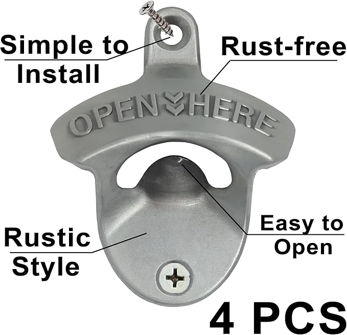 4 PCS Bottle Opener Wall Mounted Stainless, Antique Silver Rust-free Screw in Wall Beer Cap Bottle Opener Outdoor for Post Kitchen Cupboard