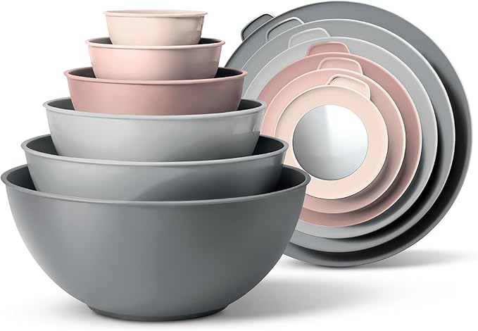 COOK WITH COLOR Mixing Bowls with TPR Lids - 12 Piece Plastic Nesting Bowls Set includes 6 Prep Bowls and 6 Lids, Microwave Safe Mixing Bowl Set (Pink Ombre)