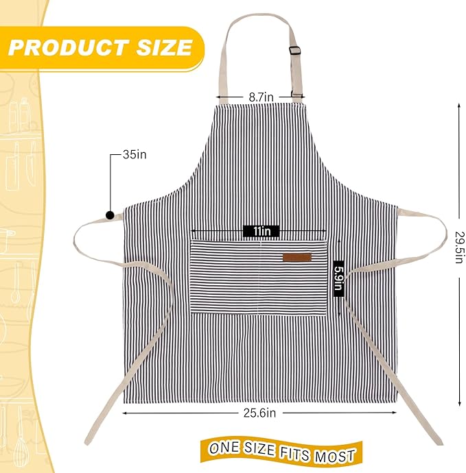 Handepo 4 Pcs Kitchen Aprons with Pockets Adjustable Waterproof Cotton Aprons Striped Apron for Women Men Chef Mother Gift