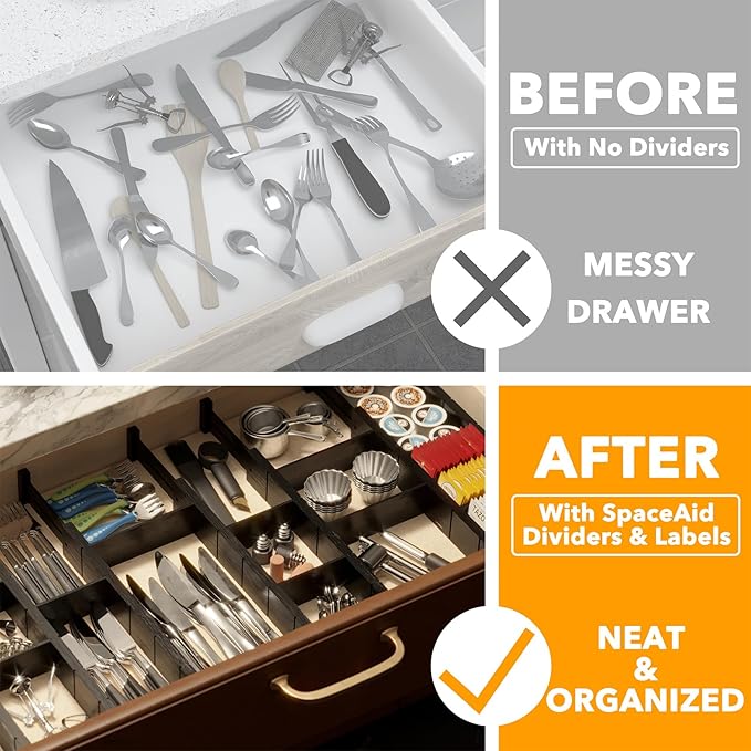 SpaceAid Bamboo Drawer Dividers with Inserts and Labels, Kitchen Adjustable Drawer Organizers, Expandable Organization for Home, Office, Dressers, 10 Dividers with 24 Inserts (17"-22" Black)