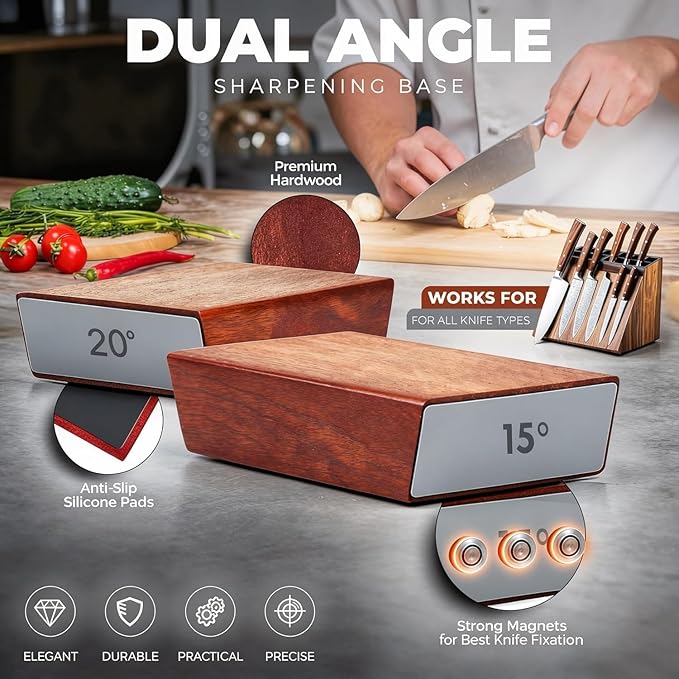 Premium Rolling Knife Sharpener kit, High Carbon 400, 1000, & 3000 Replacement Discs, 15° & 20° Adjustable Angles | Leather Strop, Anticut Gloves | Knife Sharpening kit for Kitchen & Chef's Knives