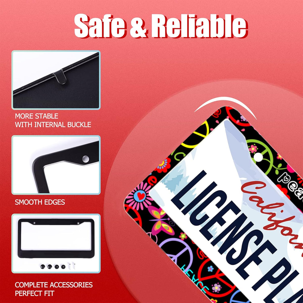 Personalise Hippies Peace Flower License Plate Frames Colored License Plate Frame Car Universal Stainless Steel Accessories Cars Decor 2 Holes Screws Fits Standard US Vehicles Size 12.2 x 6 Inches