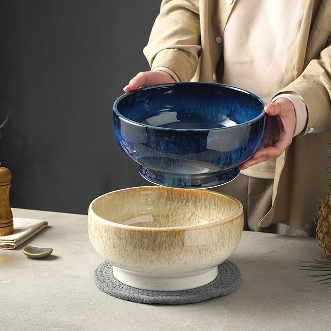 Extra Large Salad Bowl,Decorative Fruit Bowl,Kitchen Ceramic Bowl for Fruit & Salad,120 oz Footed Serving Bowl for Entertaining (starry blue)