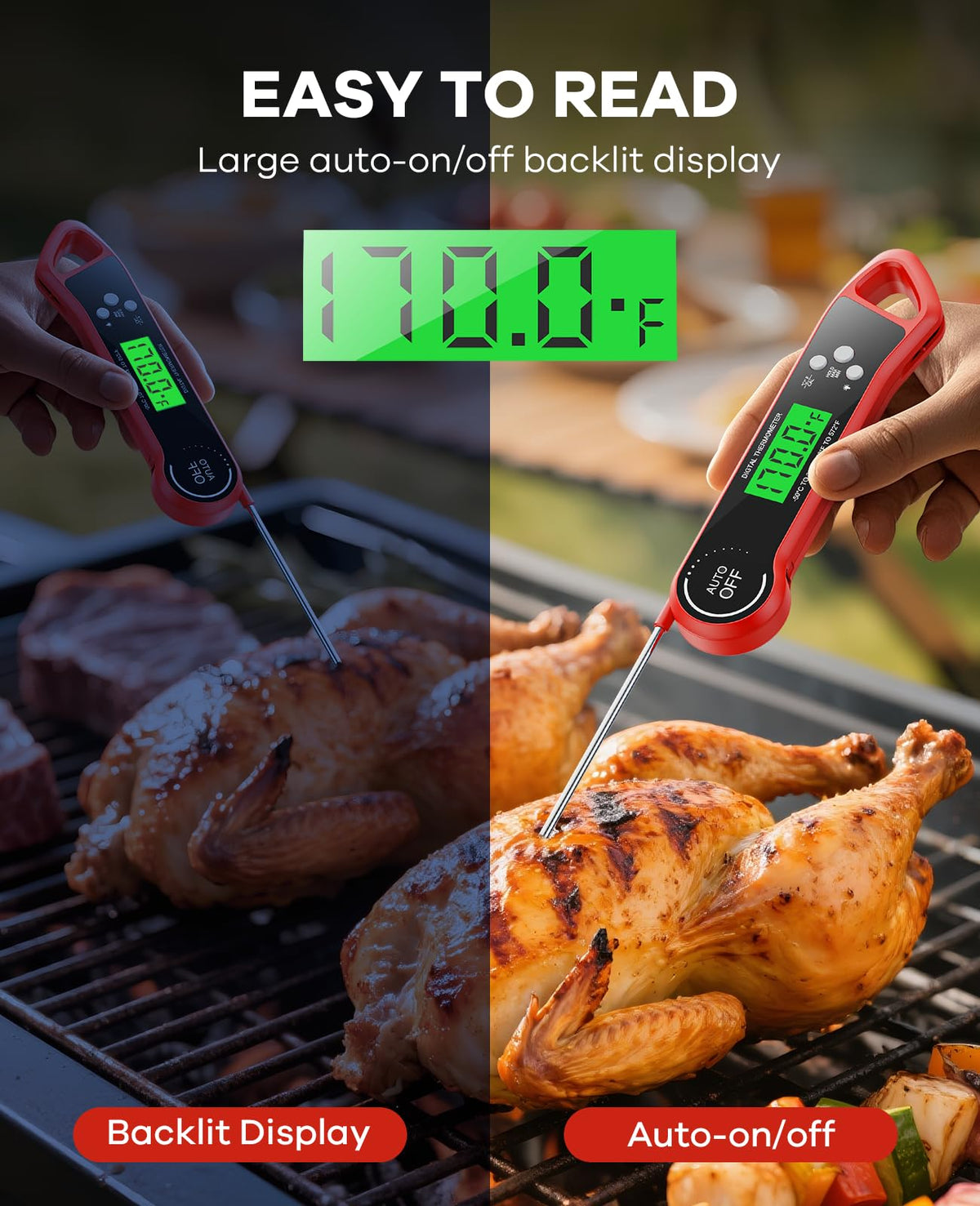 SILVLF Meat Thermometer Digital, Instant Read Thermometer with Backlight, Calibration & Hold Function, Waterproof Food Thermometer for Kitchen and Outside, BBQ, Turkey, Candy, Liquids, Beef (Red)