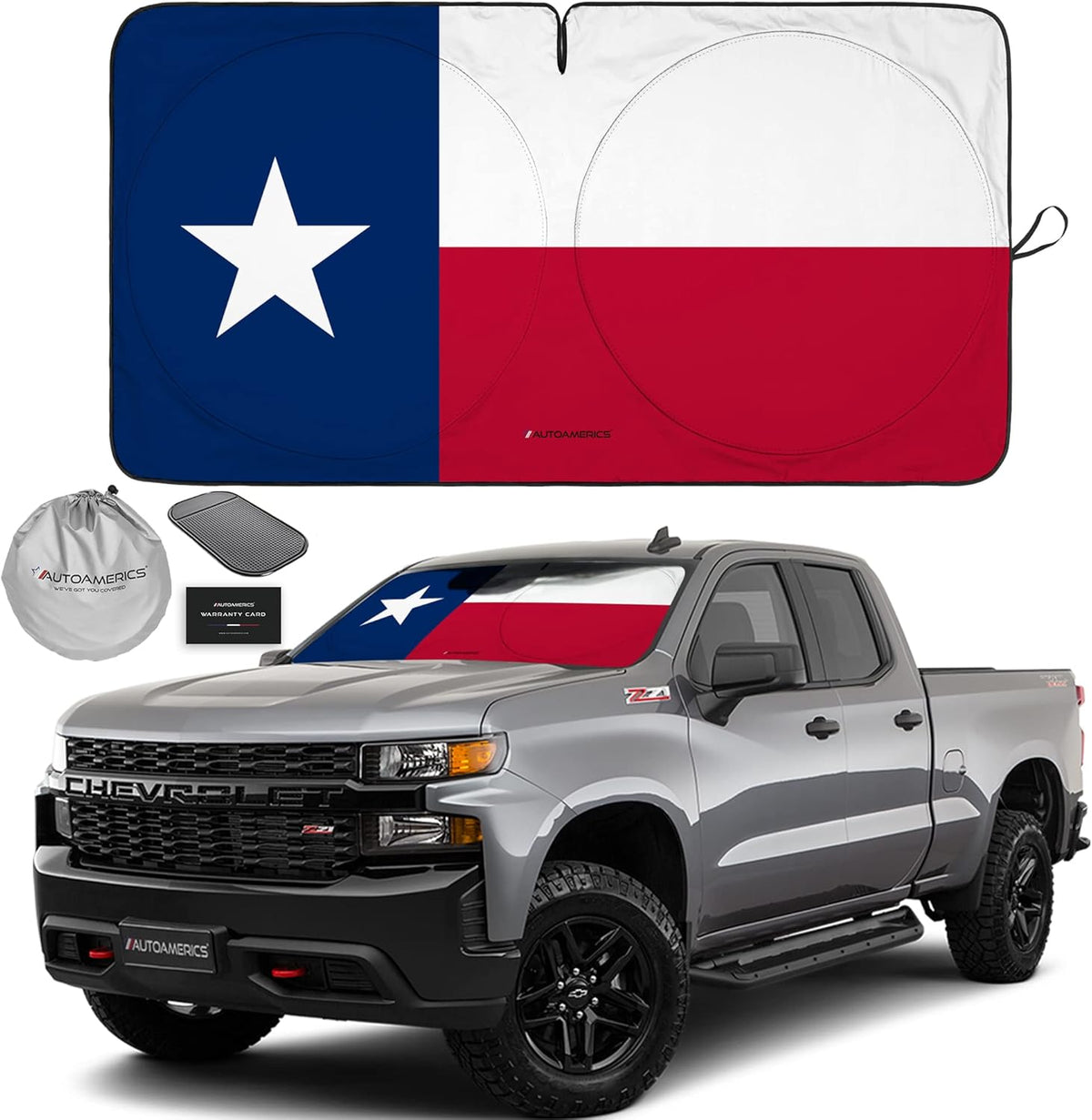 Autoamerics 1-Piece Windshield Sun Shade American Texas Flag USA Patriotic Design - Foldable Car Front Window Sunshade for Sedans SUV Truck - Blocks Max UV Rays and Keeps Your Vehicle Cool - Large
