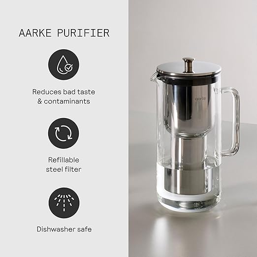 Aarke Purifier - Premium Glass and Stainless Steel Water Filter Pitcher, Refillable Filter System and Granules, 2.4L Pitcher with 1.18L Filtration Capacity