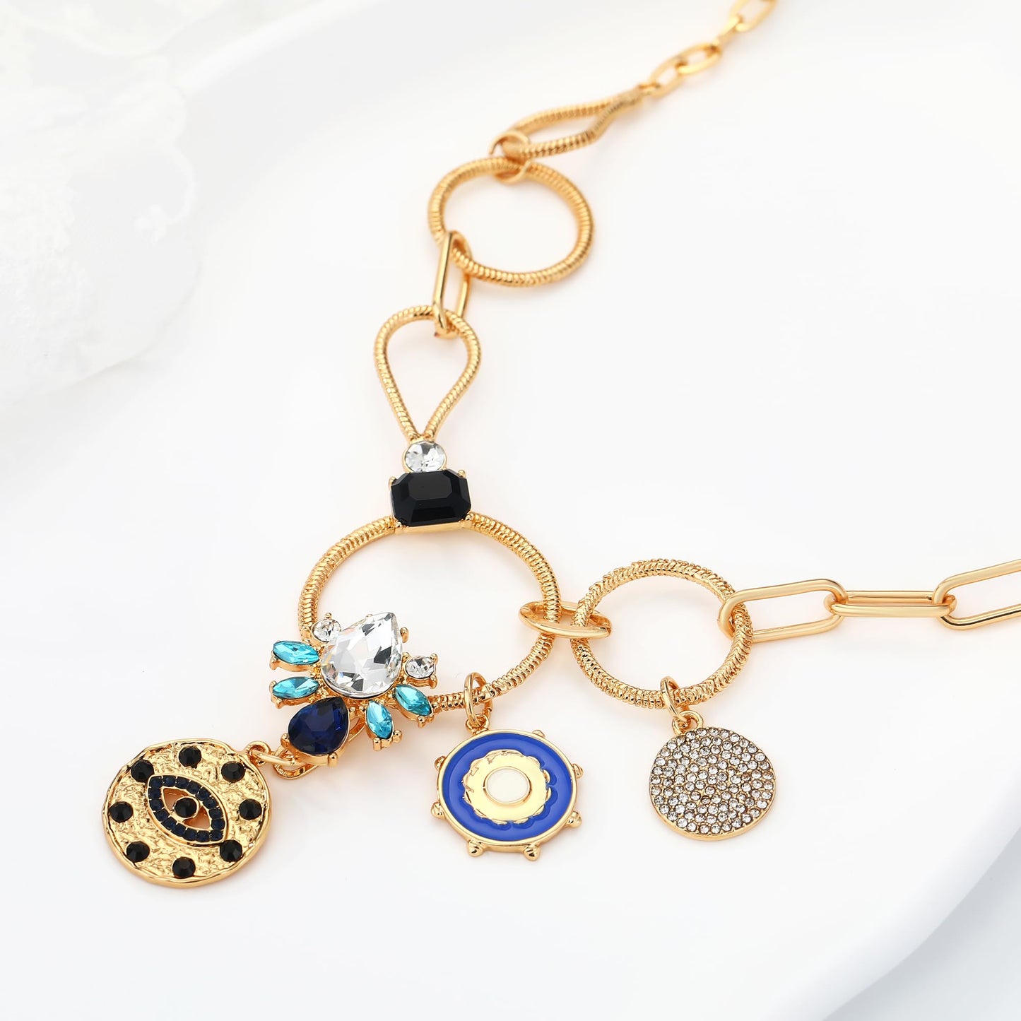 BONJOULRY Charm Necklace for Women Gold Evil Eye Sun Coin Lucky Chunky Charm Pendant Necklace Vintage Paperclip Chain Necklace Jewelry Flower Third Eye