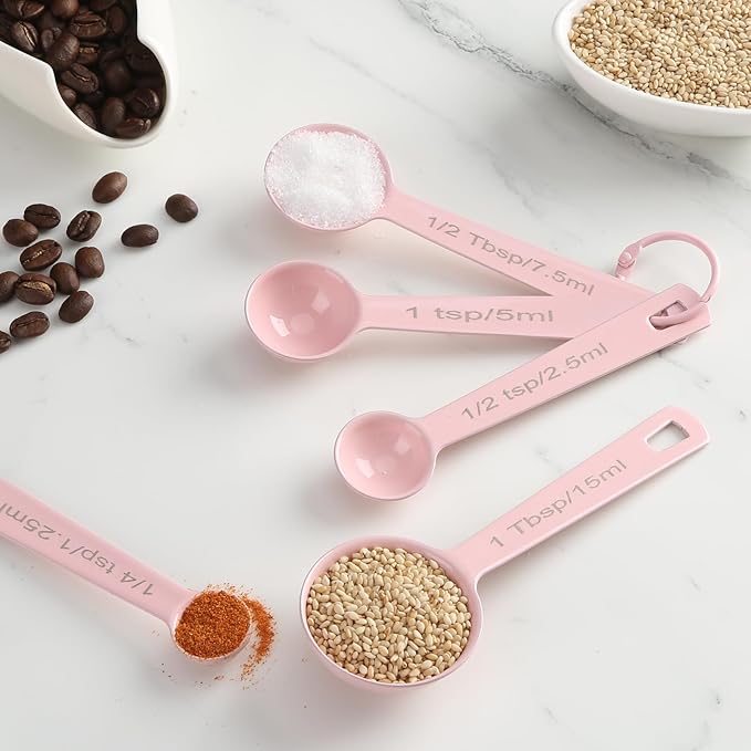 Stainless Steel Measuring Spoons Set of 5, Metal Measuring Cups and Spoons Set for Liquid/Food/Kitchen/Baking (Pink)