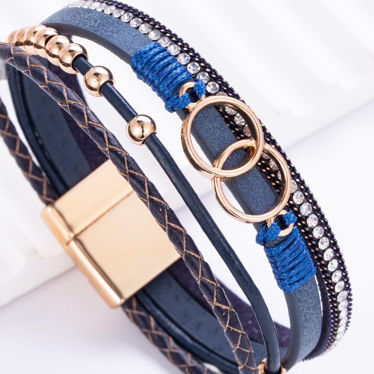FANCY SHINY Boho Leather Wrap Bracelet Stackable Beaded Infinity Chunky Cuff Bracelets with Magnetic Clasp Western Hippie Outfits Jewelry Gifts for Women(Navy Blue)
