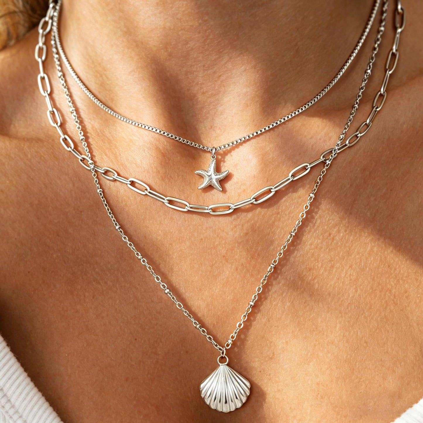 Shell Necklace for Women, Silver Layered Starfish SeaShell Pendant Charm Necklace,Dainty Non Tarnish Waterproof Adjustable Choker Paperclip Necklaces Stack Jewelry for Summer Beach Vacation (Silver)